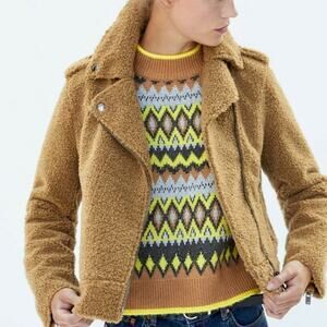 Zara Caramel Teddy Moto Sherpa Moto Jacket.